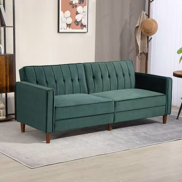 HOMCOM Reversible Velvet-Touch Convertible Futon Sofa Bed in Green – 1