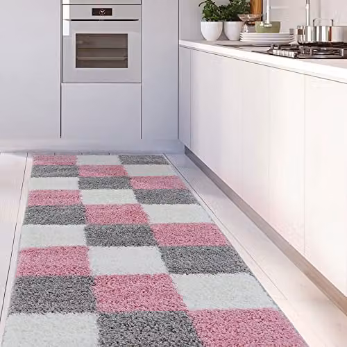 THE RUGS Modern Pink and Grey Checked High Pile Shaggy Area Rug, W/D/H: 80 x 300 cm – 2