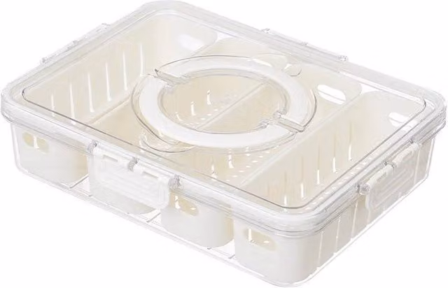 KORVIXA 2-Grid Clear Fridge Crisper Box with Drain Basket, White and Transparent, W: 24 cm, D: 17 cm, H: 7 cm – 1