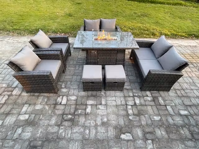 Fimous Wicker PE Rattan Garden Furniture Set with Gas Firepit Dining Table and Double Seat Sofa in Dark Grey