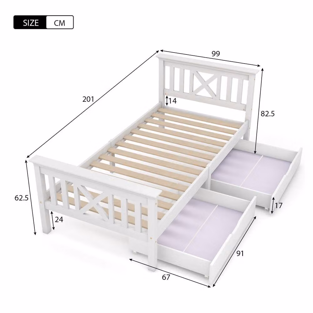 ModernLuxe Solid Pine Single Bed Frame with Storage Drawers in White, W/D/H: 90 x 200 cm – 2