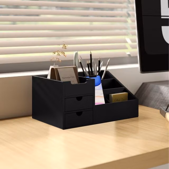 HOMCOM Multi-Compartment Bamboo Desktop Organiser in Black