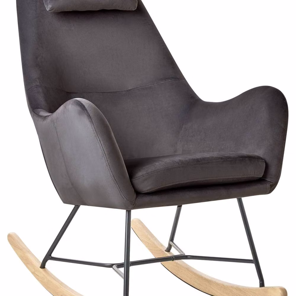 Wyld and Coco Grey Velvet Rocking Chair with Armrests and Mixed Wood and Metal Legs – 2