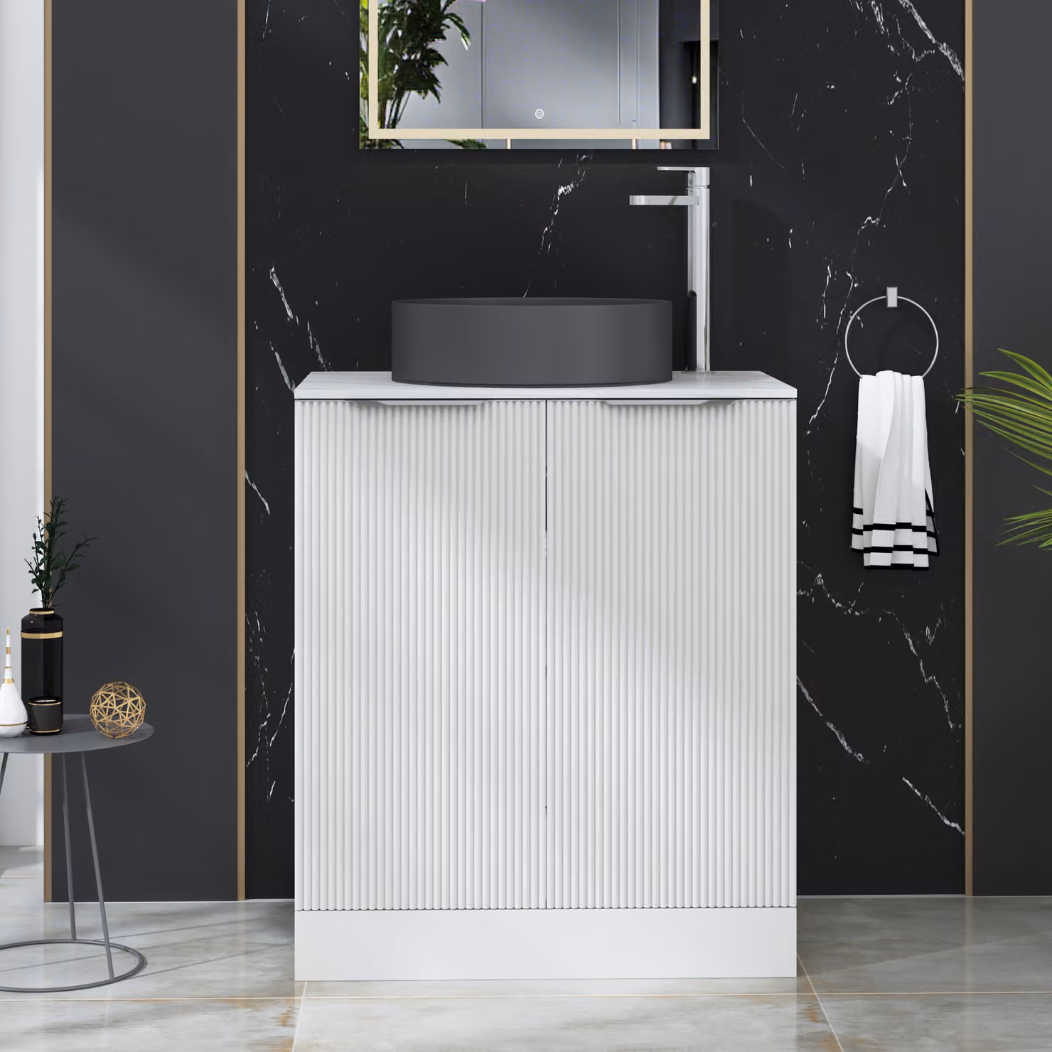Royal Bathrooms Evora Matt White Fluted Floor Standing 2 Door Vanity Unit with Art Deco Round Basin