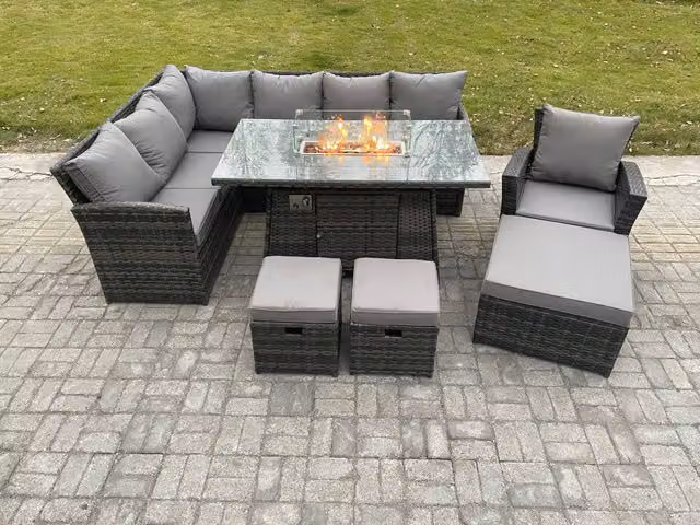 Fimous 10 Seater Outdoor Rattan Garden Furniture Set in Dark Grey with Corner Sofa, Gas Fire Pit Dining Table, Armchairs and 3 Footstools