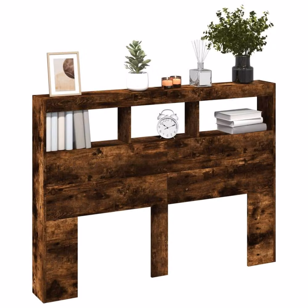 Berkfield Home Modern Headboard Cabinet in Smoked Oak Brown with LED Lighting, Integrated Shelf and USB Charging Port, W/D/H: 140 x 17 x 102 cm – 5