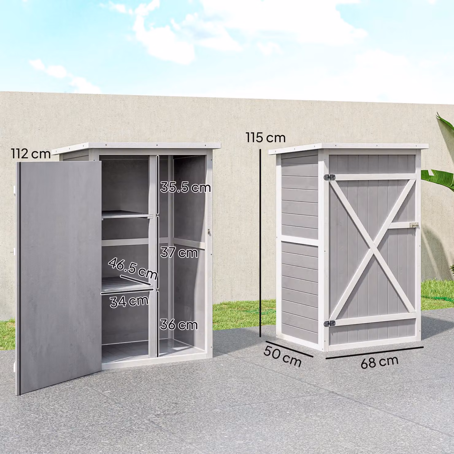 OUTSUNNY Grey Wooden Garden Shed Tall Storage Cabinet with Internal Shelving, W/D/H: 75 x 56 x 115 cm – 3