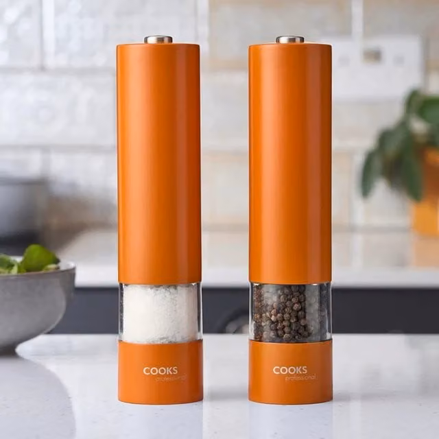 Cooks Professional Electric Stainless Steel Automatic Salt and Pepper Mill Set in Orange