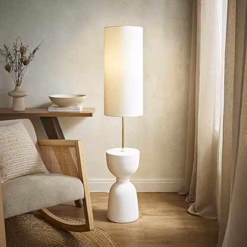 ValueLights Esme Floor Lamp with Ceramic Base and Beige Fabric Shade including LED Bulb – 3