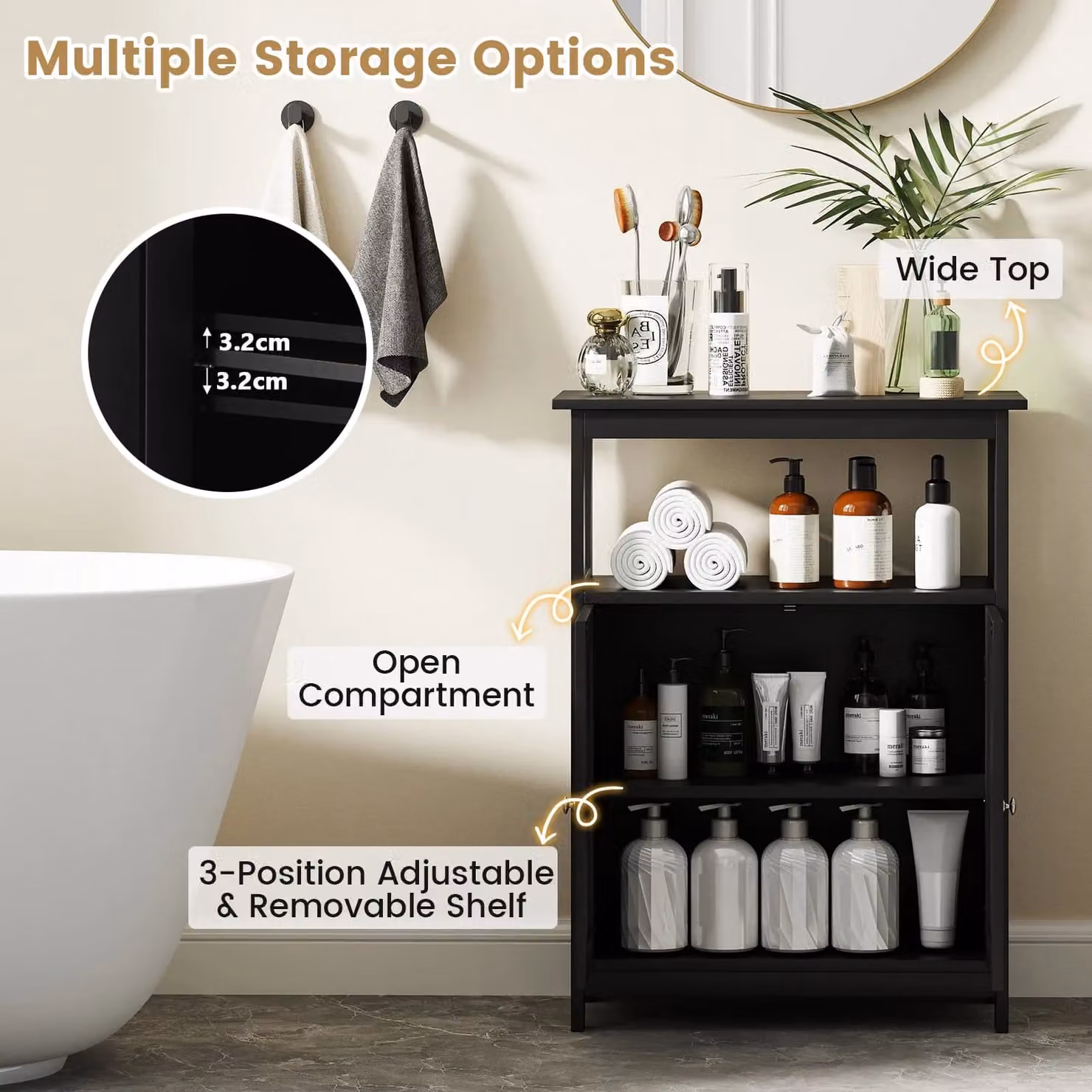 Gymax Modern Black Freestanding Bathroom and Living Room Floor Cabinet with 2 Hinged Doors and Internal Shelves – 6