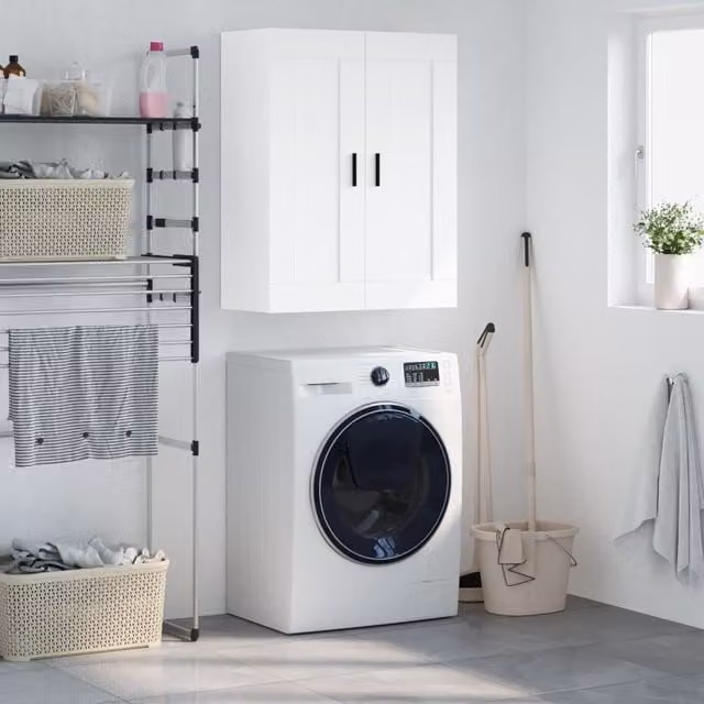 Berkfield Home White Wall Mounted Cabinet with Hinged Doors, W/D/H: 69.5 x 34 x 90 cm