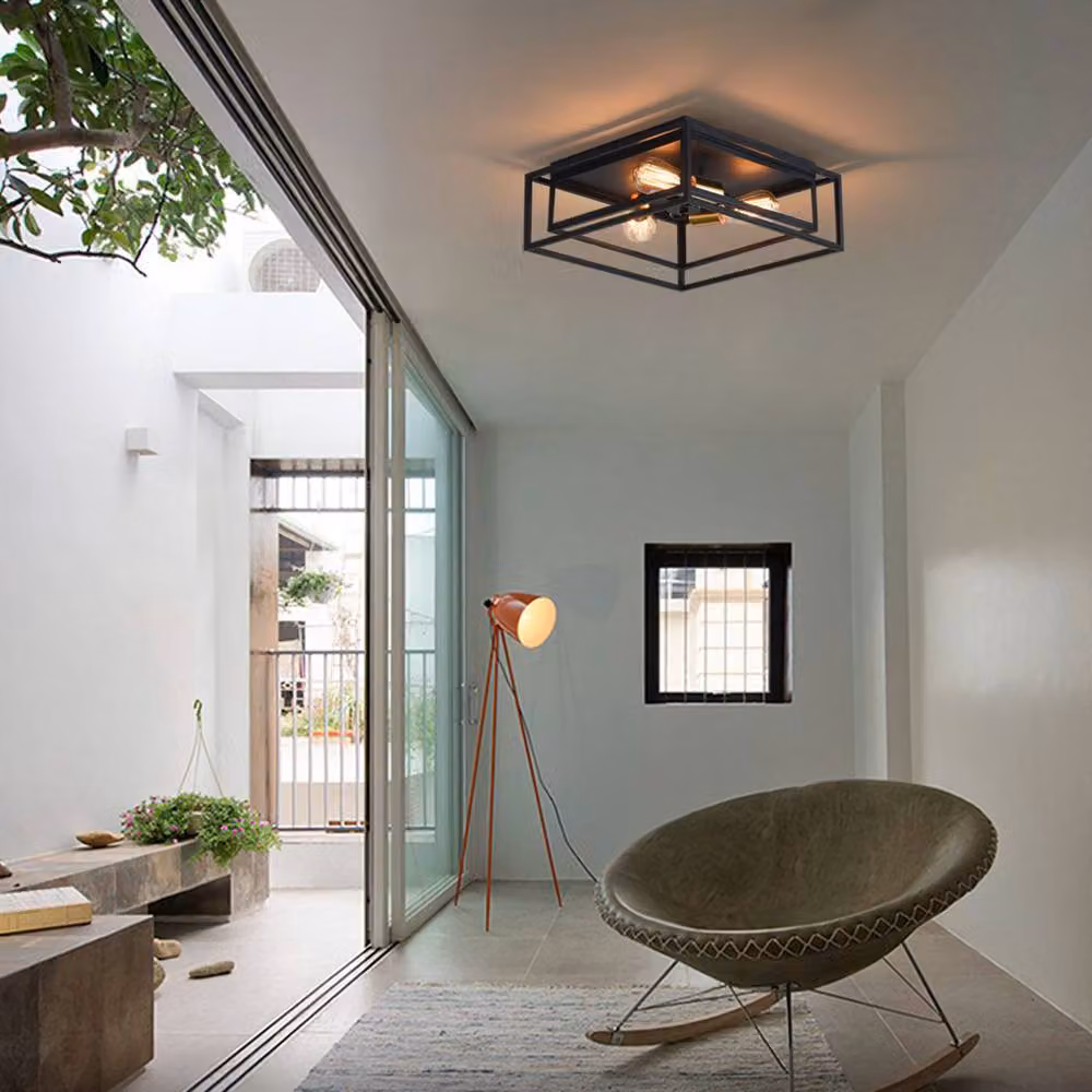 NIVOR Industrial 3-Light Black Ceiling Light with Transparent Glass Shades for Hallway, Bedroom or Living Room, E27 – 3