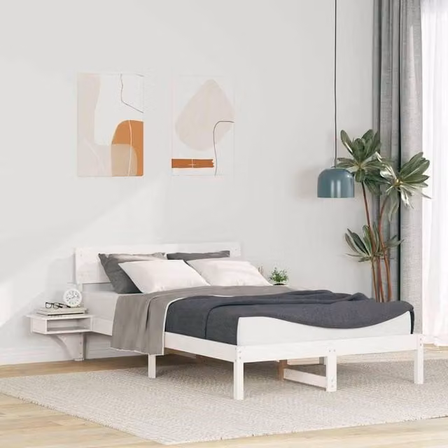 Berkfield Home White Solid Pine Wood Bed Frame with Headboard W/D/H: 120 x 200 cm