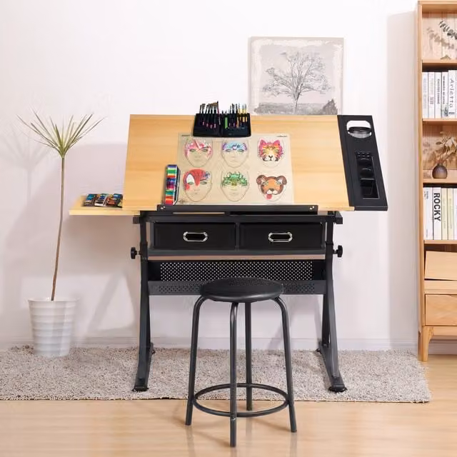 Yaheetech Adjustable Drafting Table and Stool Set in Brown and Yellow Wood