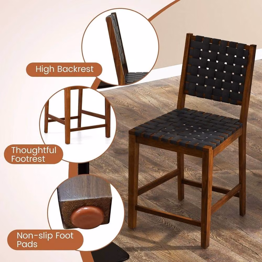 Havendro Set of 2 Multicolour Woven Counter Height Bar Stools with Synthetic Leather and Acacia Wood – 5