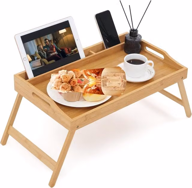MantraRaj Bamboo Breakfast Bed Tray Table with Foldable Multipurpose Lap Tray, Natural Brown