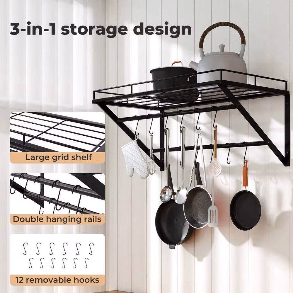 FORGEVIO Wall Mounted Cookware Rail Shelf with 12 Hooks and Metal Utensil Holder, Black – 2