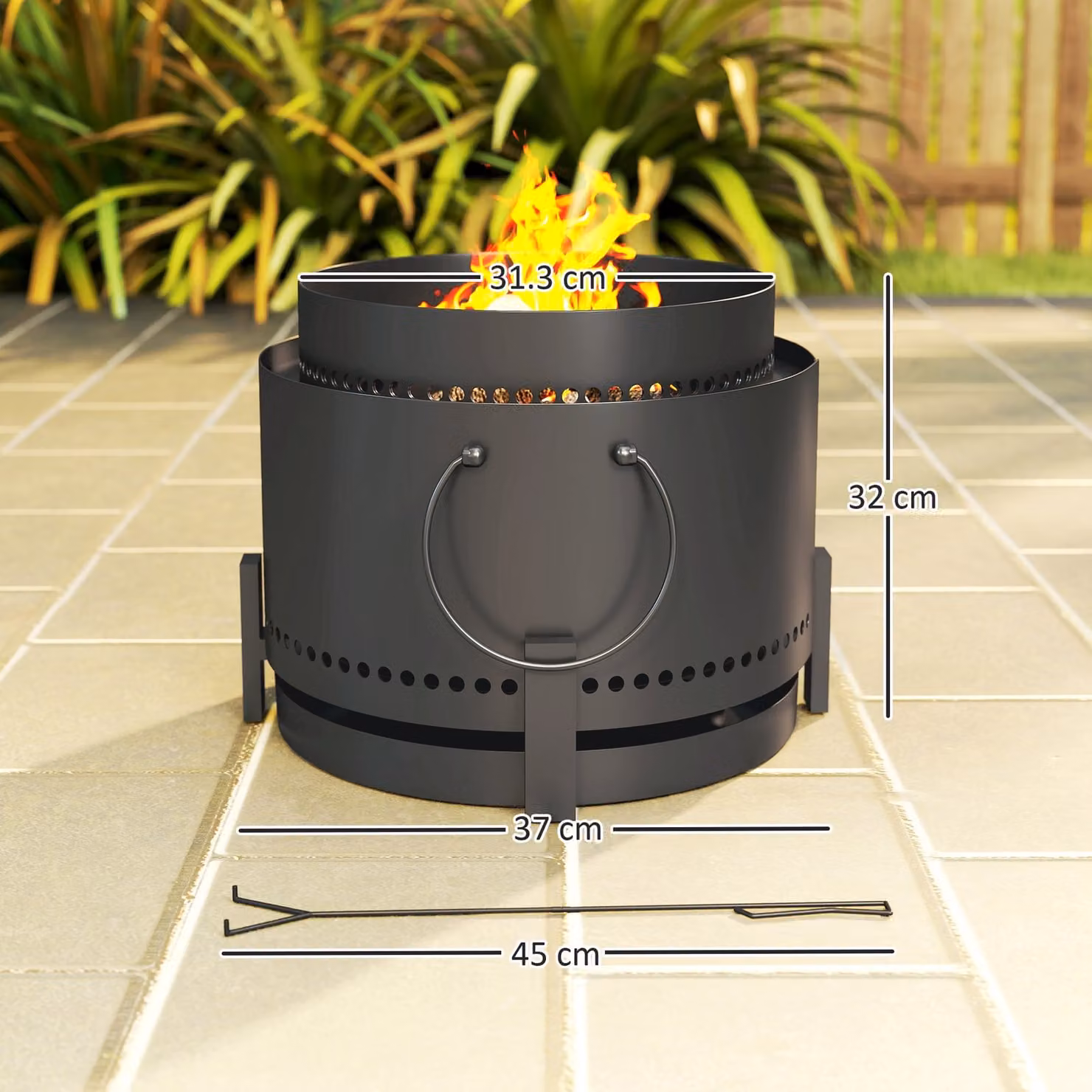 Outsunny Smokeless Wood Burning Fire Pit with Ash Catcher and Poker, Dark Grey Metal Fire Bowl, Diameter: 37 cm – 3