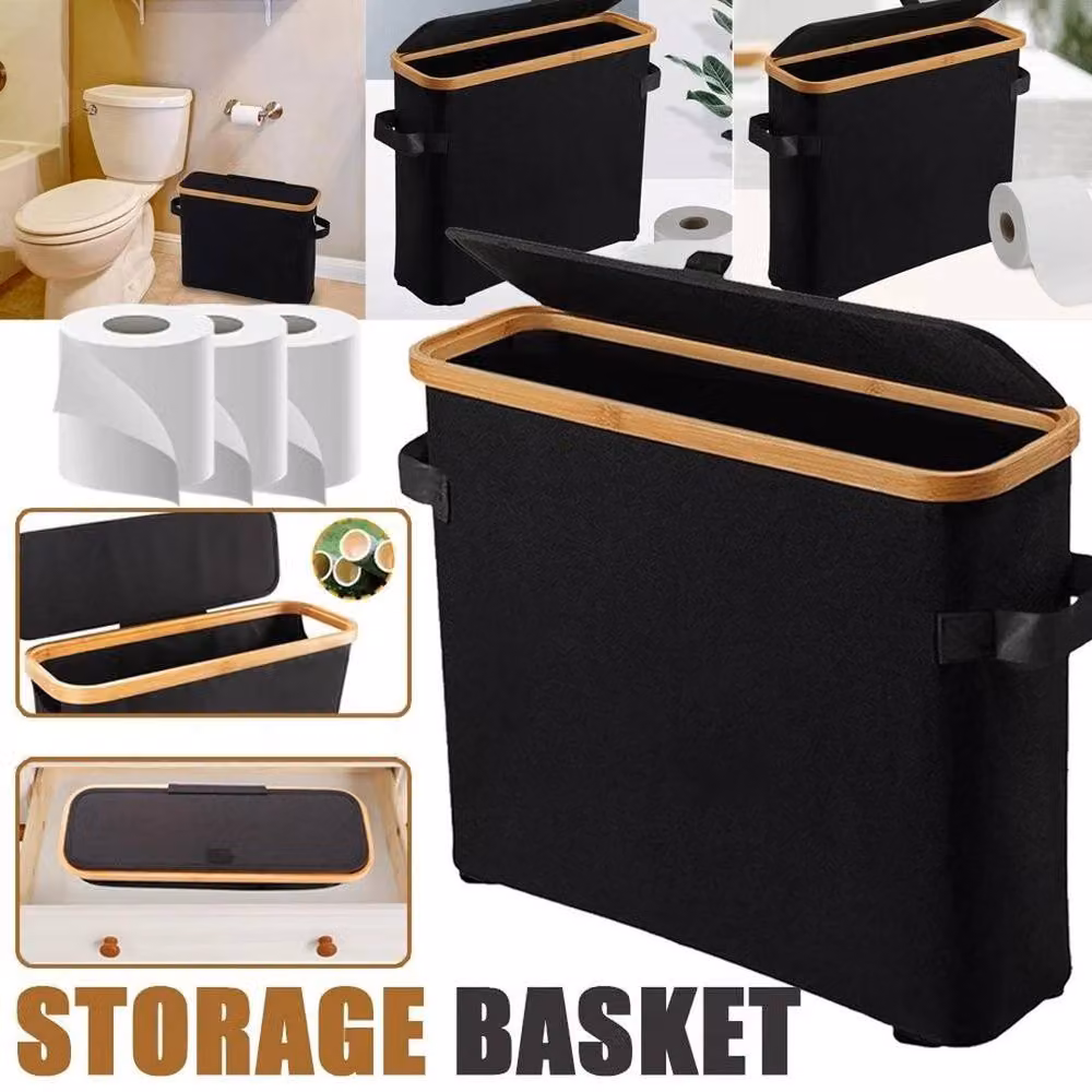 KORVIXA Black Bamboo Waterproof Freestanding Toilet Paper Storage Stand with Lid, W: 50 cm, H: 80 cm – 4