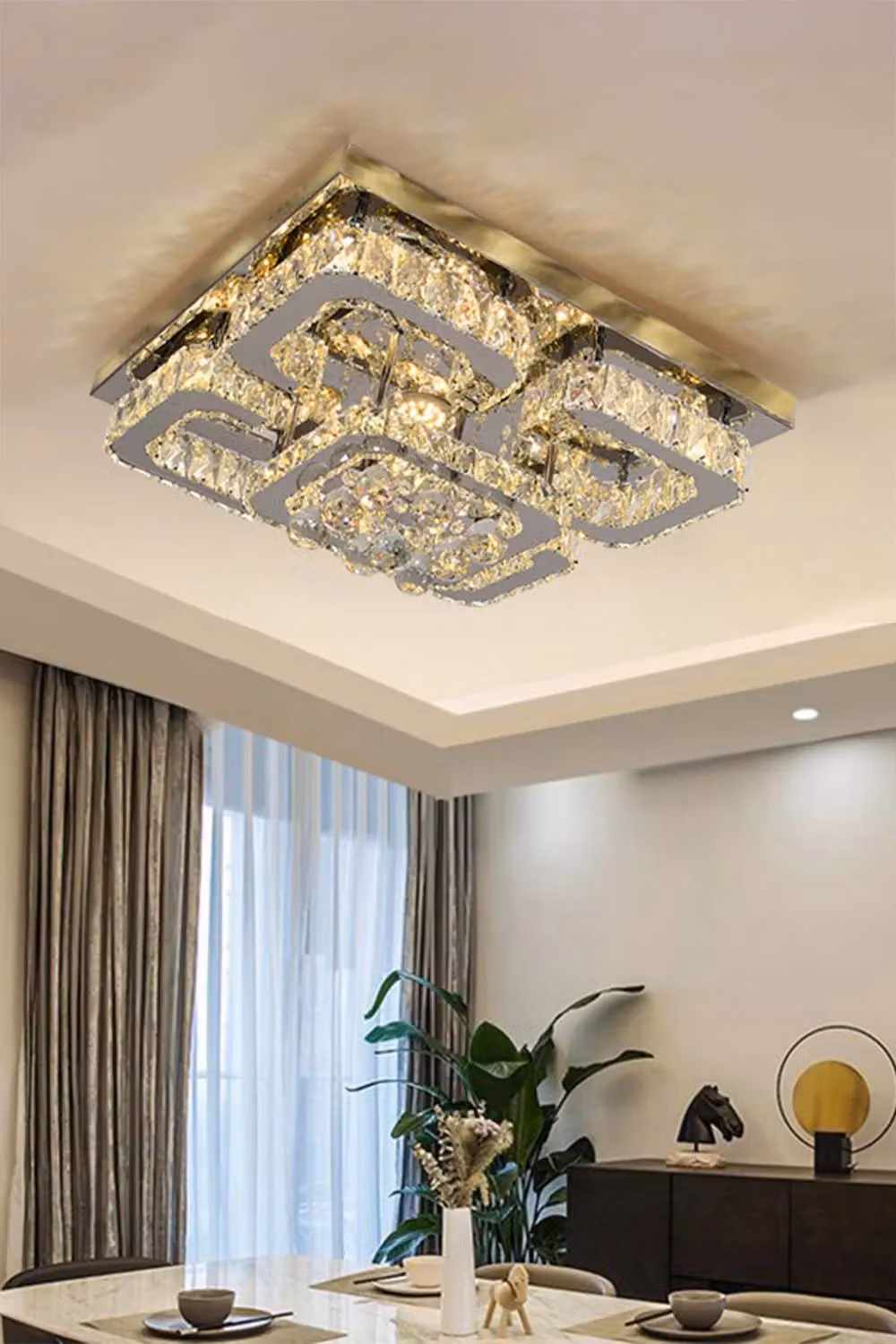 Living and Home Modern Square Crystal LED Flush Mount Ceiling Light in Silver and Chrome – 2