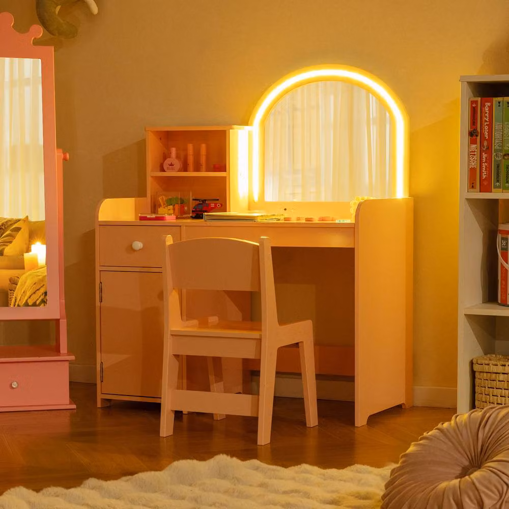 Gymax Vanity Table and Chair Set Makeup Playset with Shelves and LED Light in Peach – 3