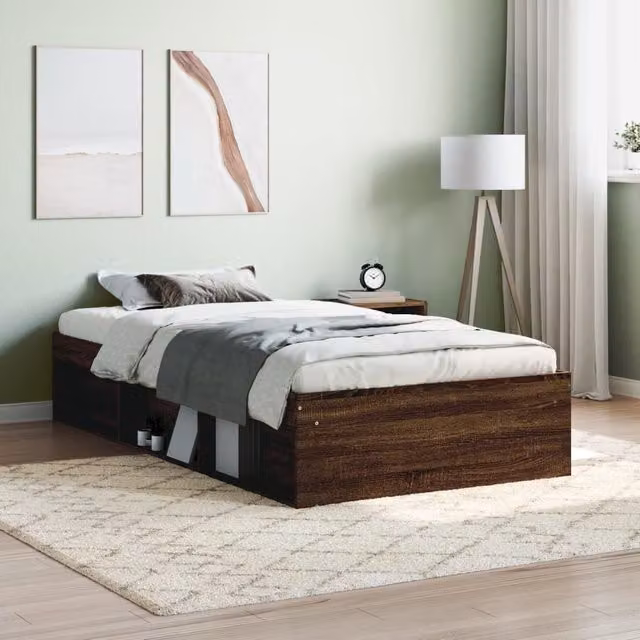 Berkfield Home Modern Bed Frame in Brown Oak with Side Compartments, W/D/H: 100 x 200 cm