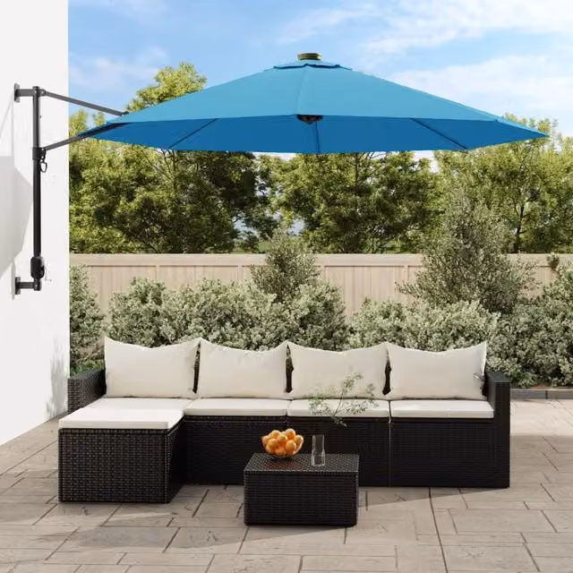 Berkfield Home Wall-mounted Parasol with LEDs in Sea Blue, 290 cm