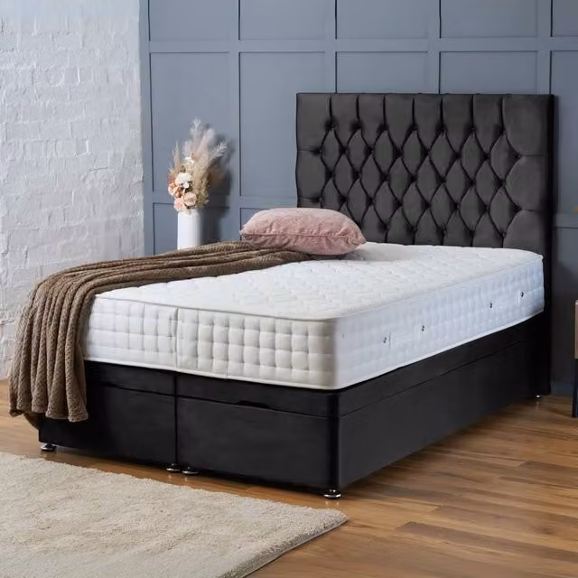 BSSPOKE Mia Ottoman Divan Bed in Black Plush Velvet with 54 inch Headboard, W/D/H: 180 x 200 cm