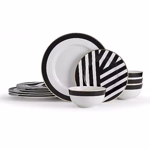 Mikasa 12-Piece Geometric Bone China Dinner Service in White, Gold and Black