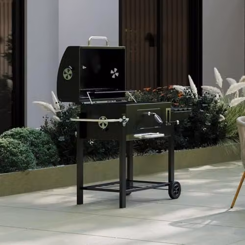 Charles Bentley American Large Portable Charcoal BBQ Grill in Black with Thermometer, Warming Rack and Wheels – 1