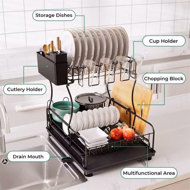 EONLION 2 Tier Expandable Dish Drainer Drying Rack with Drip Tray, Black, Width: 100 cm