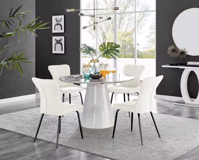 Furniturebox Palma White Marble Effect Round Dining Table and 4 Nora Black Leg Chairs Set