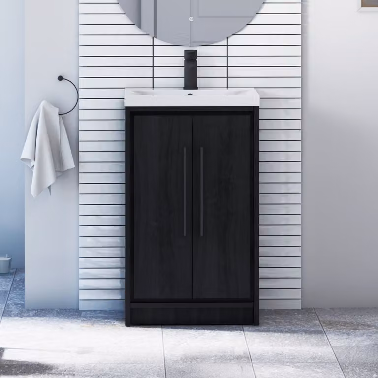 Livora 500mm Black Woodgrain Floor Standing 2 Door Bathroom Vanity Unit with Mid-Edge Basin and Matt Black Handles