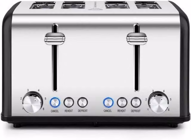 Cusimax Silver and Black Stainless Steel 4-Slice Toaster with 1650W Power and Extra-Wide Slots
