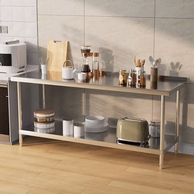 Livingandhome Two-Tier Stainless Steel Workbench with Backsplash, Silver, Width: 180 cm