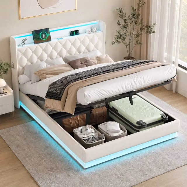 STILVORA Double Ottoman Bed with Storage, LED Lighting and USB Ports in Beige, W/D/H: 140 x 200 x 113 cm