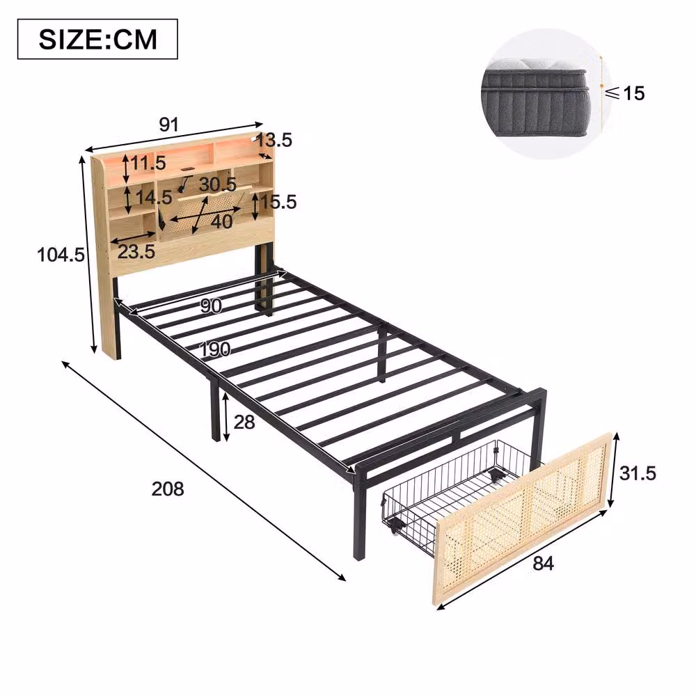 Matteo Wooden Single Bed with Smart Headboard, LED, USB Charging Port and Rattan Storage Drawers in Sand/Beige, W/D/H: 90 x 190 x 104.5 cm – 3