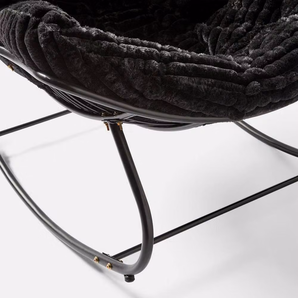 OHS Black Ribbed Faux Fur Rocking Chair with Upholstered Metal Frame – 3