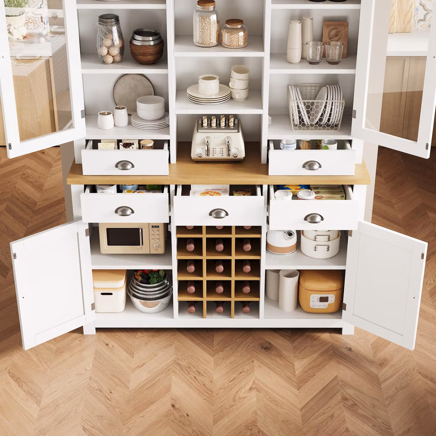 Aosom UK White Kitchen Pantry Cabinet with Wine Rack, Glass Doors and 5 Deep Drawers, W/D/H: 120 x 40 x 185 cm – 5