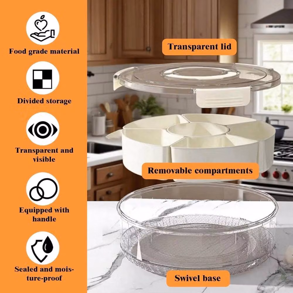 FLAVORA Rotatable Multi-Compartment Round Snack Tray in White and Transparent Plastic – 4