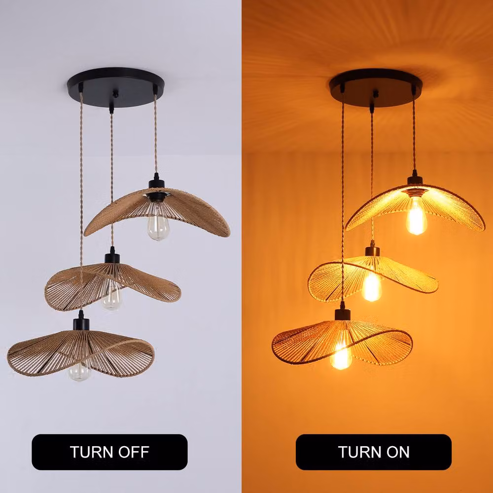 NIVOR 3-Light Rattan Farmhouse Cluster Pendant Light, Brown Boho Style Suspended Ceiling Chandelier – 3