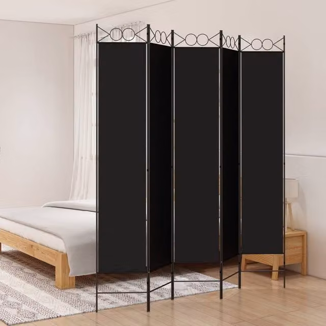 Berkfield Home 5-Panel Fabric Room Divider in Black, W: 200 cm, H: 220 cm – 1
