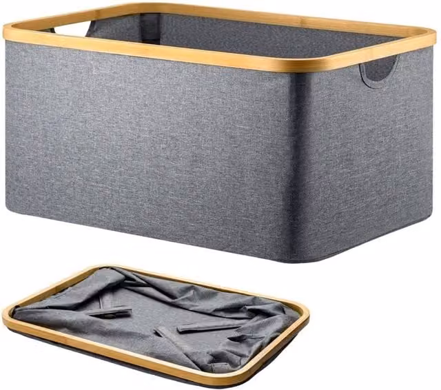 VOGREX Grey Foldable Laundry Basket 60L with Bamboo Fabric Clothes Hamper – 1