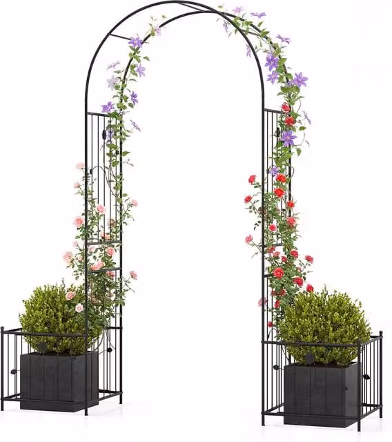 COSTWAY Black Metal Garden Archway with Planter Box and Trellis Support
