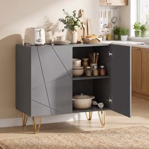 HOMCOM Modern Glossy Grey Storage Cabinet with Gold Accents, W/D/H: 80 x 40 x 75 cm – 5