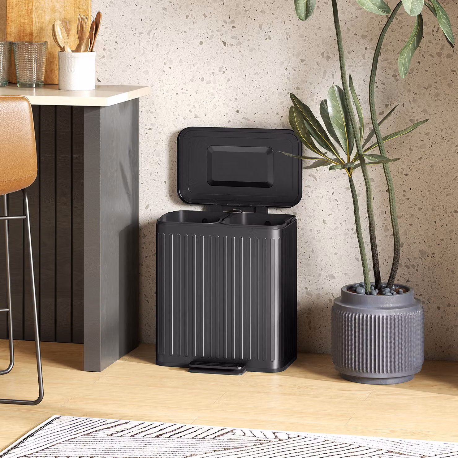 HOMCOM Dual Kitchen Pedal Bin with Soft-Close Lid and Fingerprint-proof Finish, Black, 2 x 20L – 8
