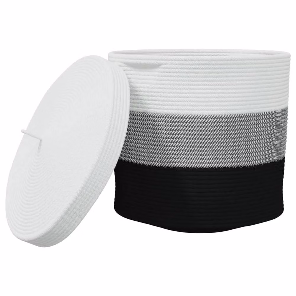 Berkfield Home Cotton Storage Basket with Lid in White and Black, W: 40 cm, H: 35 cm – 2