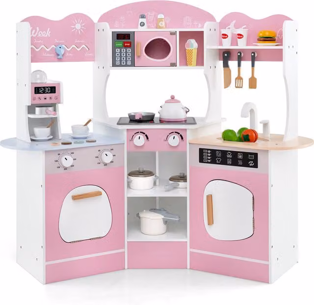 Costway Wooden Toddler Corner Kitchen Playset in Pink