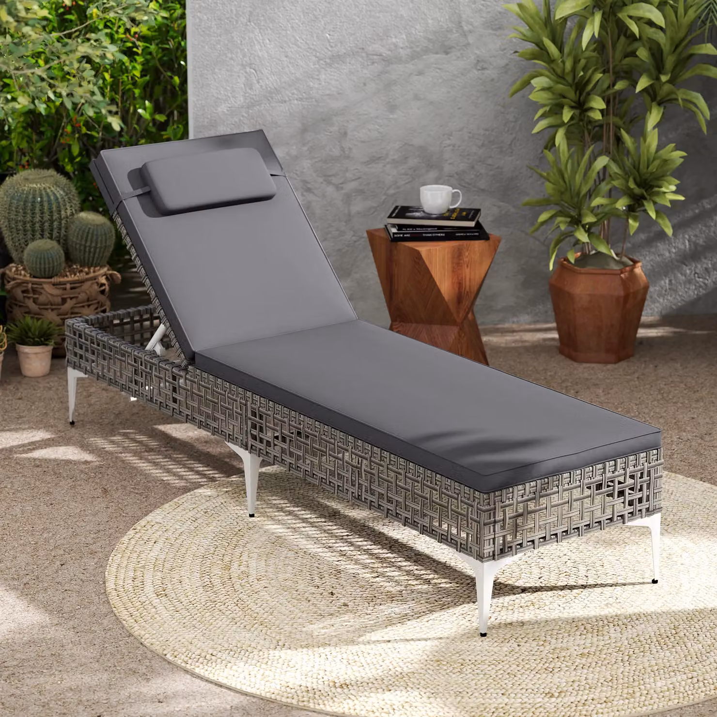 Costway Grey Polyrattan Garden Sun Lounger with 6-Level Adjustable Headrest – 3