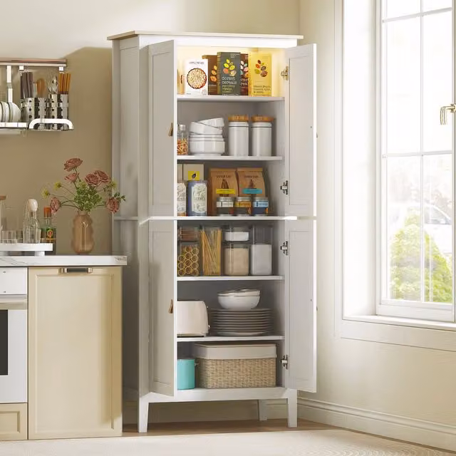 HOMCOM Modern White Freestanding Pantry Storage Cabinet with Integrated Lighting and 4 Doors, H 176.5 x W 80 x D 40 cm – 1